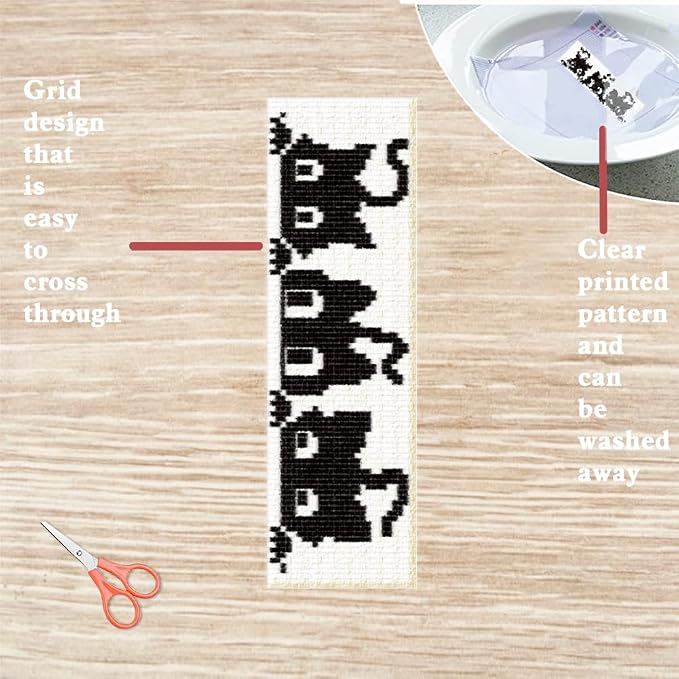 FREEBLOSS 6 Set Cross Stitch Bookmark Kit Stamped Cross Stitch Kit Black Cat - Image 3