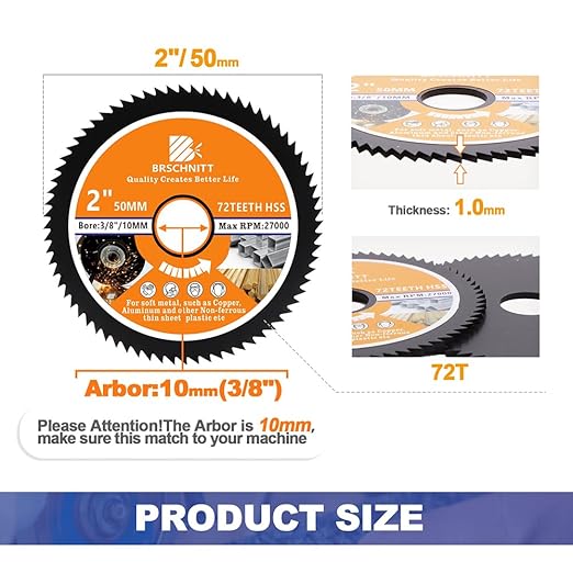 HSS Circular Saw Blade 2inch - BRSCHNITT 5PCS 72T 10mm Bore Cutting Discs for Cutting Wood, Copper, Aluminum, Plastic and Soft Metal