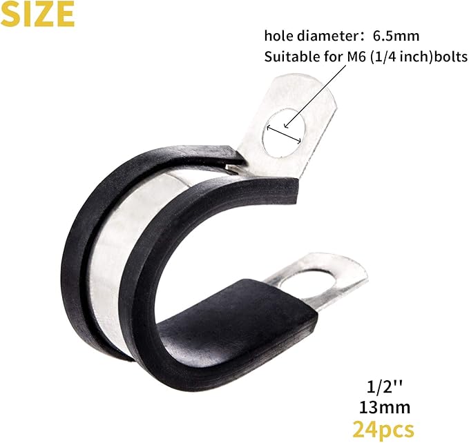 24pcs Wire Clamps 1/2 Inch, Stainless Steel 304 Cable Clamps Rubber Cushion, Pipe Clamp for wiring, lines, hoses and cables
