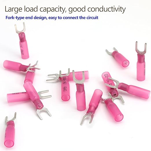 Hordion 100PCS 22-16 AWG Fork Connector, Red Heat Shrink Fork Terminals Waterproof and Insulated Electrical Crimp Connectors for Boat Truck Stereo