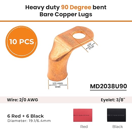 SELTERM 10pcs - 2/0 AWG 3/8" Stud 90° Bent Battery Lugs - Ring Terminal Connectors with 12pcs 3:1 Black & Red 3/4" Heat Shrink Tubing - Heavy Duty Battery Cable Ends - Bare Copper Wire Connectors Kit