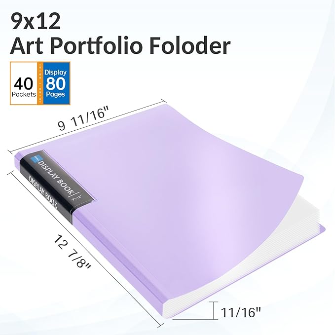 Sooez Art Portfolio 9"x12", 40 Pockets Large Folder Display 80 Pages, Heavy Duty - Image 2