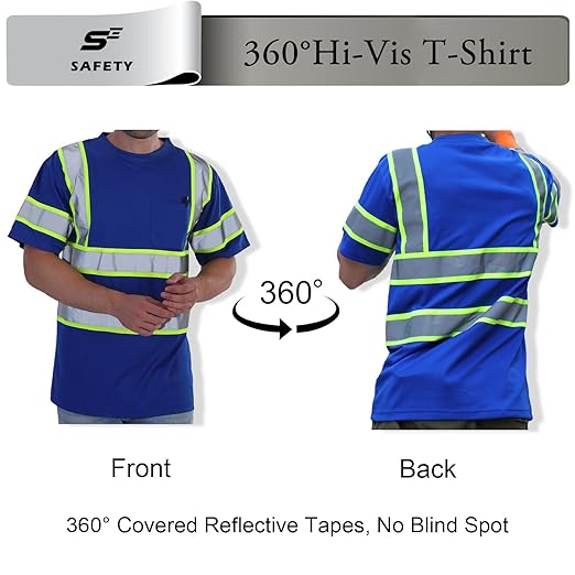 sesafety High Visibility Shirts for Men Class 3 Hi Vis Reflective Construction Shirts for Men with Pocket Safety T Shirt for Mens Work Shirt for Mens Short Sleeve Blue Yellow Strips