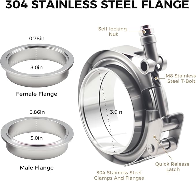 2 Pack 3 Inch V Band Clamp Kits - Quick-Release with Male/Female Flanges, 304 Stainless Steel, Leak-Resistant Interlocking Design for Exhaust, Turbo, Downpipe, Intercooler Piping (2, 3.0in)