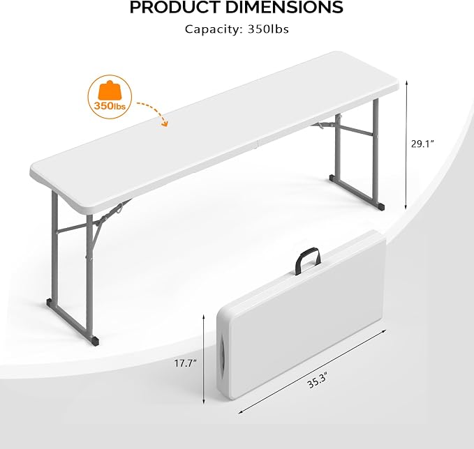 VINGLI 6 FT Narrow Folding Table, Tabletop Folded in Half, Home Work - Image 2