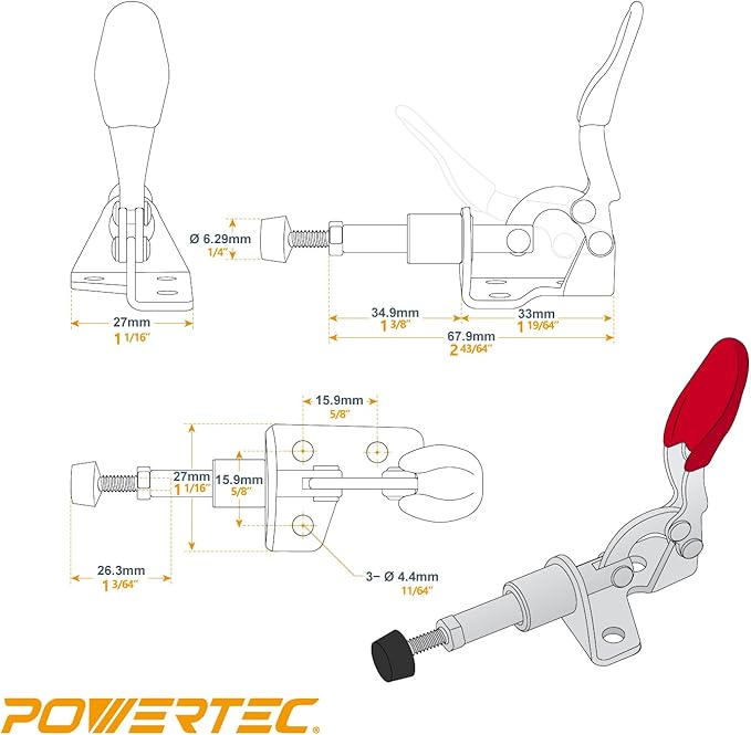 POWERTEC 6PK Toggle Clamp, 100lbs Holding Capacity, 301A Quick Release Push Pull Clamp for Woodworking Jigs and Fixtures, Pocket Hole Jigs, Welding, Crosscut Sled, CNC (20323-P3)