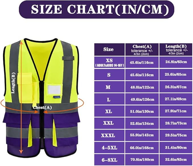 A-SAFETY Reflective Safety Vest, Hi Vis 9 Pockets High Visibility Zipper Front Safety Vest, Yellow&Purple Color Mixed, L