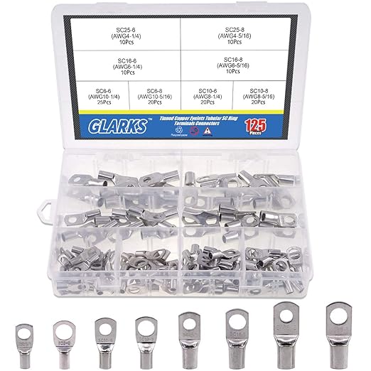 Glarks 125Pcs Marine Grade Heavy Duty Tinned Copper Wire Lugs Battery Cable Ends Eyelets SC Ring Terminal Connectors Assortment Kit