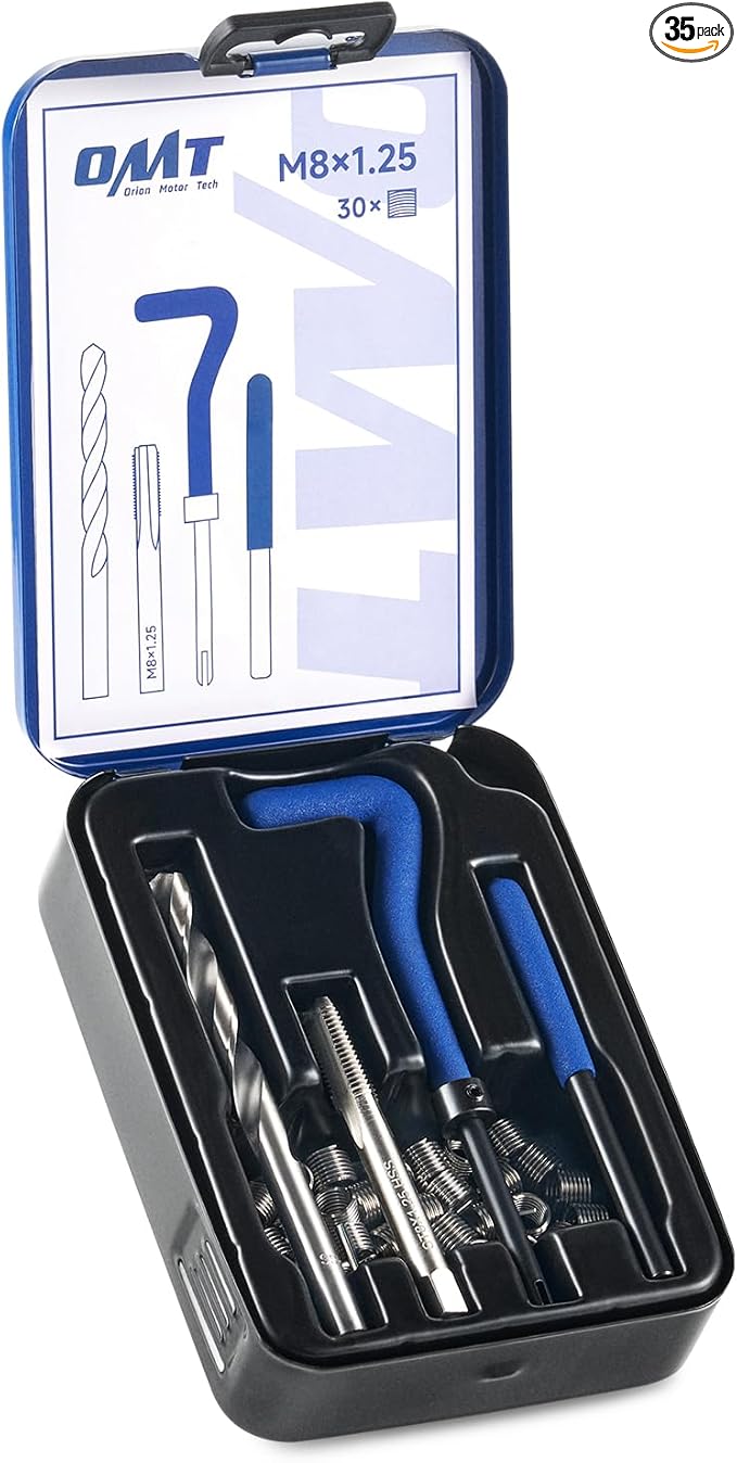 Orion Motor Tech Helicoil Thread Repair Kit, M8x1.25 Thread Repair Tool with HSS Drill Bit & 30 Thread Inserts, Metric Thread Repair Installation Kit for Rethreading Internal Threads with Carry Case