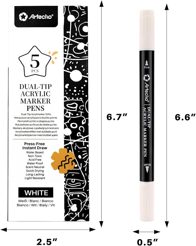 Artecho Dual Tip Acrylic Paint Pen White 5pcs set-Fine Tip and Brush Tip - Image 2