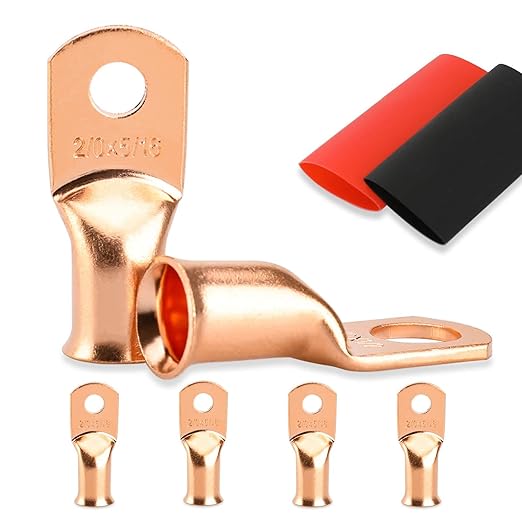 4PCS Battery Cable Ends, 2/0 Gauge Wire Connectors 5/16 Copper Wire Lugs, Bare Copper Eyelets with Heat Shrink Tubing by HOUSUN