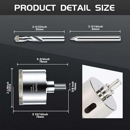 2-1/8inch | 54mm Diamond Hole Saw with Center Drill bit and Diamond-Coated Center Drill bit for Ceramic Glass Marble Fiberglass Granite and Porcelain Tiles by CENYB