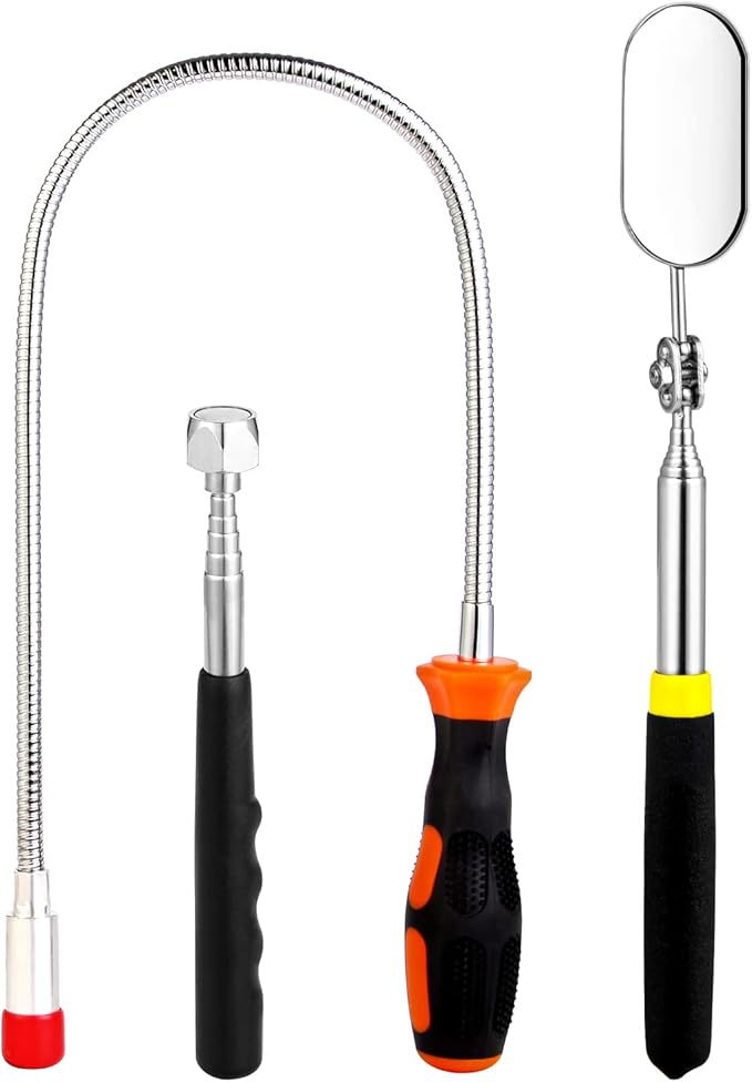 3 Pieces Magnetic Pickup Tool Set with 5LB Flexible 23.6" Bendable Pick Up Sweeper, Telescoping 16LB Magnet Rod, Oval 360 Swivel Adjustable Inspection Mirror, Stick Kit for Men Father Gift