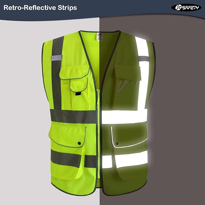 JKSafety 20 Pack 9 Pockets Class 2 High Visibility Zipper Front Safety Vest With Reflective Strips,Meets ANSI/ISEA Standard (Medium, 156-Yellow)