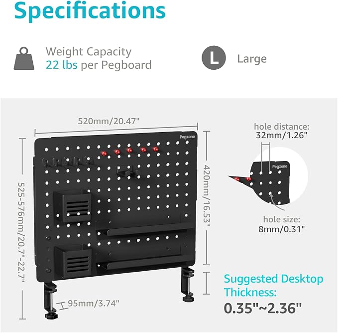 PEGZONE Clamp on Desk Pegboard, 20.4" x 16.5", - Image 6