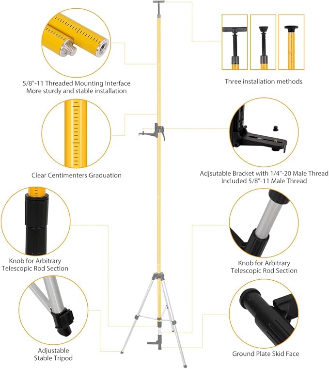 Telescoping Laser Level Pole with Tripod, 13.8Ft/4.2M Laser Level Stand, Includes 1/4"-20 Laser Mount & 5/8"-11 Adapter for Rotary/Line Lasers