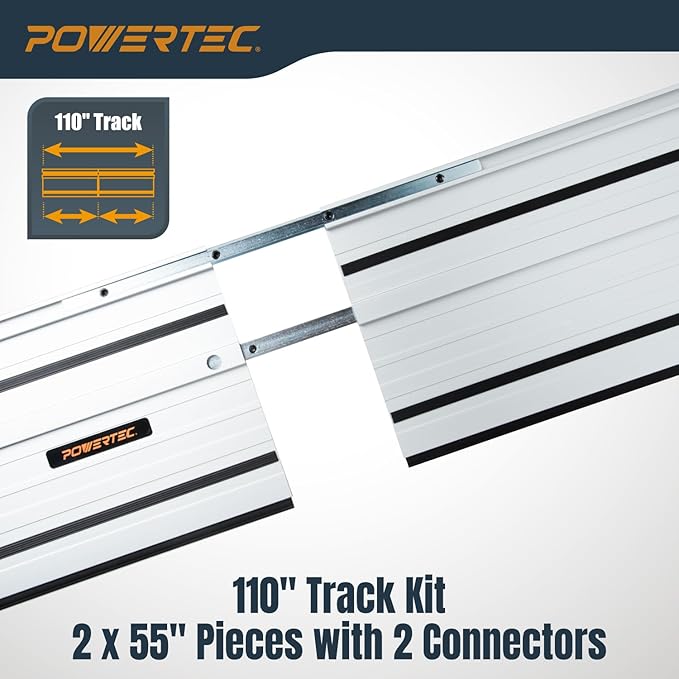 POWERTEC 110" Track Saw Guide Rail Joining Set for Kreg Track Saws, Include 2x55" Extruded Aluminum Guide Rail and 2 Rail Extension Connectors Perfect for Repeatable Rip Cuts & Crosscuts (71991)