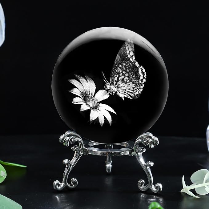 3D Butterfly Crystal Ball with Stand Lase Engraved Glass Sphere Paperweight - Image 6