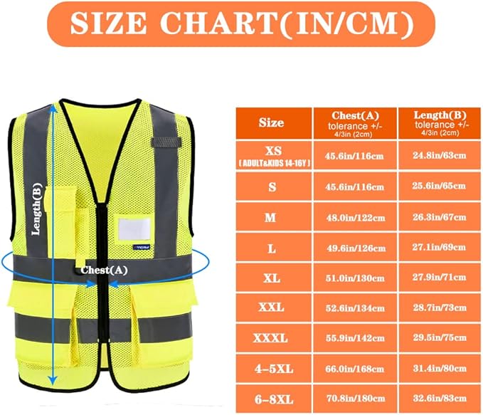 A-SAFETY 6XL 7XL 8XL High Visibility Mesh Safety Reflective Vest with Pockets and Zipper (Yellow Mesh 6XL-8XL)