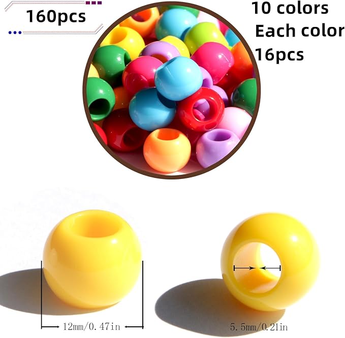160pcs 12mm Plastics Acrylic Beads Mix 10 Color Large Hole Hair Beads - Image 6