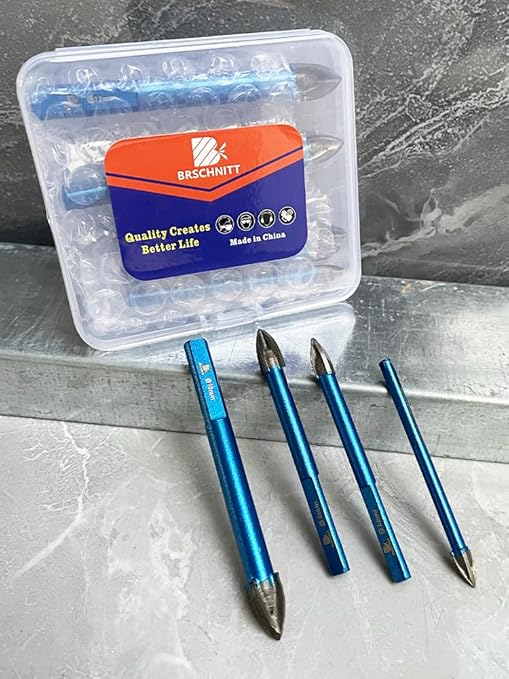 Masonry Drill Bit BRSCHNITT 3/16",1/4"*4,5/16"*2,3/8"*2,1/2" Carbide Tips Concrete Drill Bit Set for Pots Bottles Ceramic Tile Glass Brick Ceramic Triangle Shank