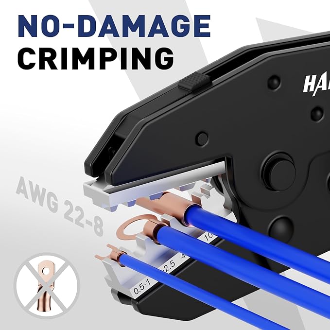 haisstronica Quick Change Jaws Crimping Tool for Non-Insulated Wire Connectors AWG 22-8 Ratcheting Wire Crimper & Terminals - H4