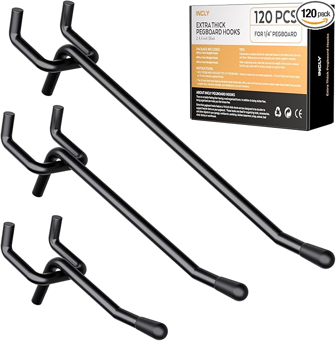 INCLY 120 Pack 2/4/6 Inch Black Pegboard Hooks, 1/4" Heavy Duty Peg Board Shelving Hooks Accessories, Peg Board Tool Hangers Fit 1/4" Pegboard Hanging Tools Garage, Crafts Organizing, Kitchen, Store