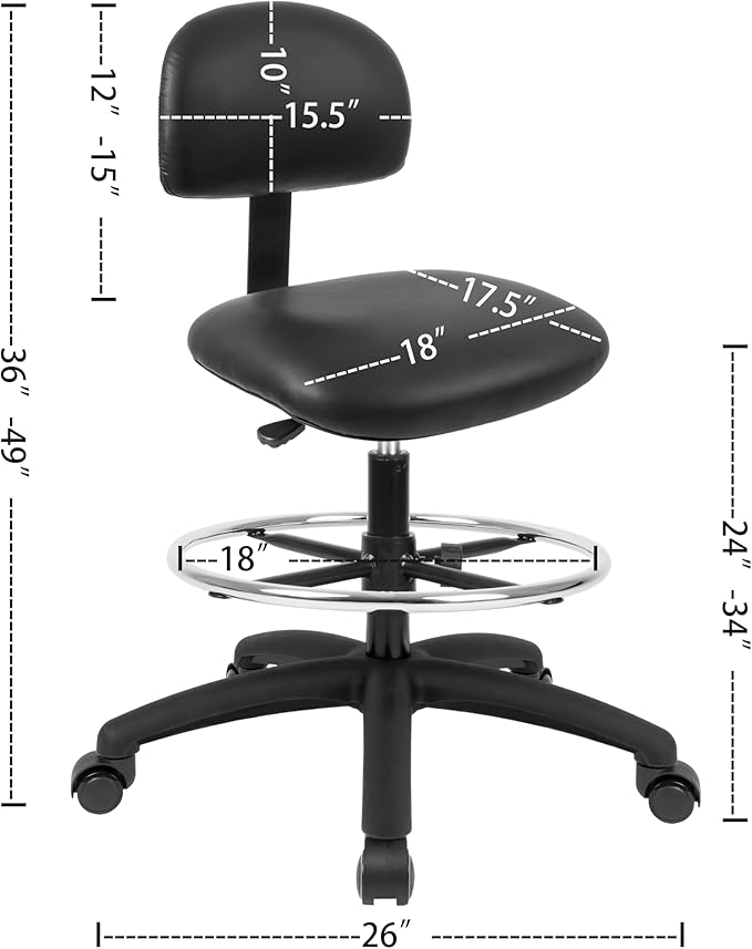 Chair Master FSS Series Square seat Tall (24"-34") seat Height Chair. Vinyl-for Office, Garage, Desk, Shop, Computer, Doctor, Medical, Easy to Clean! 18" Footring (Black, Tall, Self Braking Casters)