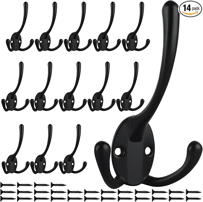 IBosins 14 Pack Big Heavy Duty Triple Coat Hooks Wall Mounted with 28 Screws, Black Retro Three Prongs Wall Hooks Utility Rustic Hooks for Coat, Bag, Towel, Umbrella