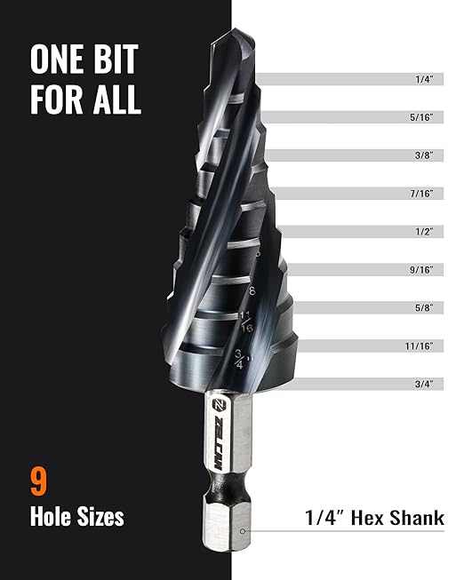 ZELCAN 9 Sizes M35 Cobalt Step Drill Bit, 1/4" to 3/4" Four Spiral Flute Step Drill Bit for Metal, Titanium-Coated HSS Step Bit with 1/4" Hex Shank for Stainless Steel Aluminum Copper Wood Plastic