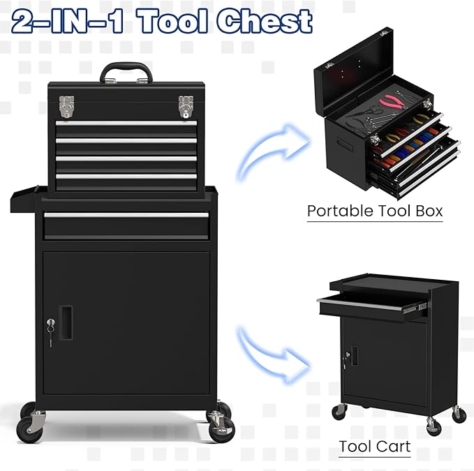 Rolling Tool Box with Wheels, 5-Drawer High Capacity Tool Chest with Wheels, Removable Storage Toolbox with Lock for Garage, Workshop