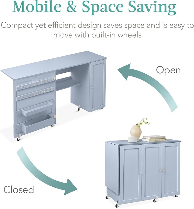 Best Choice Products Large Folding Sewing Table, Caster Wheels, Storage Shelves - Image 5