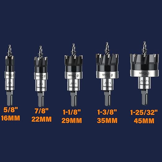 Carbide Hole Saw Kit for Metal TCT Hole Saw Drill Bit Set Hole Cutter Kit for Stainless Steel 5PCS(5/8" to 1-25/32")