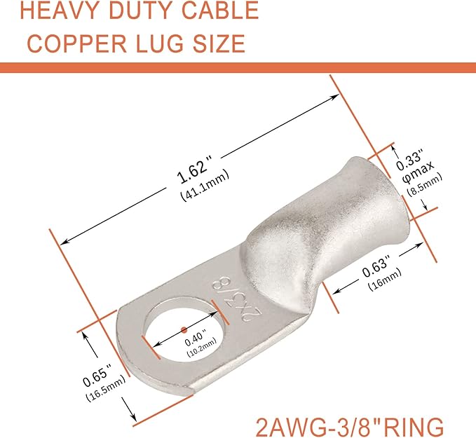 10pcs 2 AWG-3/8(M10) Tinned Copper Ring Terminals Battery Lugs, Heavy Duty Wire Lugs, Battery Cable Connectors