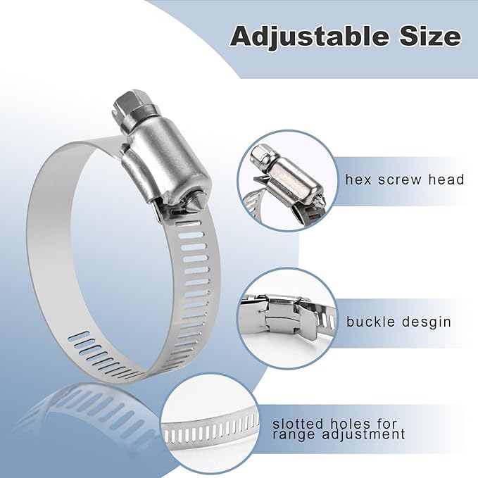 22pcs Premium Stainless Steel Hose Clamp Assortment Kit, Worm Gear Clamps, 1/4"-2" (6-51mm) Small Hose Clamps for Plumbing, Automotive, Industrial, and Home Use