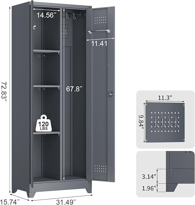 65''H Broom Closet Storage Cabinets, Metal Utility Closet Storage Cabinet, Indoor Cleaning Cabinet with Adjustable Shelves and S-Hooks for Bathroom,Garage