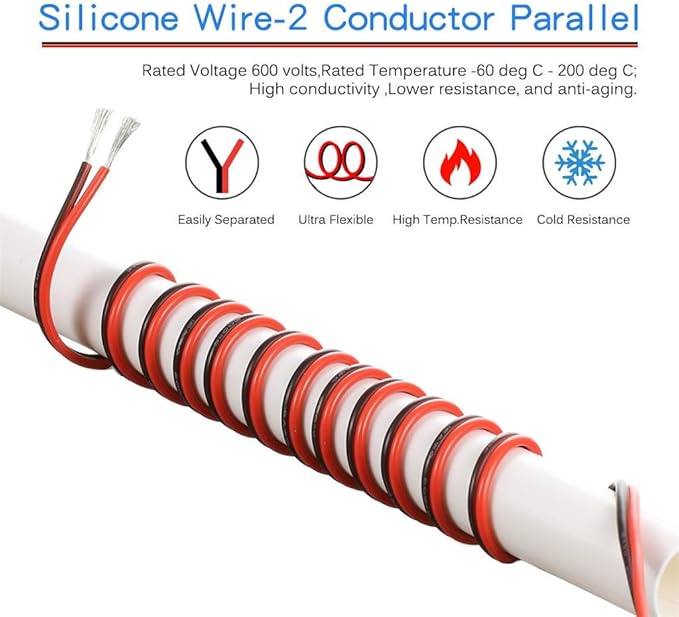 BNTECHGO 18 Gauge Flexible 2 Conductor Parallel Silicone Wire Spool Red Black High Resistant 200 deg C 600V for Single Color LED Strip Extension Cable Cord,Model,25ft Stranded Tinned Copper Wire