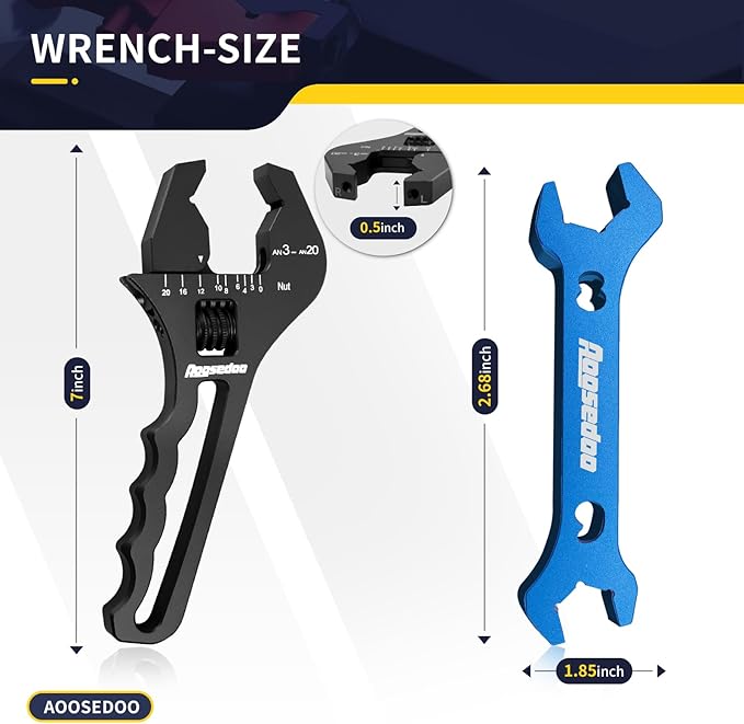 3AN-20AN AN Fitting Wrench AN Fitting Tool for AN Hose Fitting Assembly Adjustable Lightweight Aluminum Black With 6AN-AN8 Double-ended AN Wrench Blue