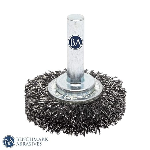 Benchmark Abrasives 1-1/2 Inch Grinder Mounted Crimped Wire Wheel for Drill with 1/4" Shank, Steel Brush for Rust Removal, Cleaning, Deburring on Cast Iron, Steel Rotary Tools (5 Pack) - Carbon Steel