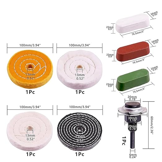 4'' Buffing Polishing Wheels with 3 Pcs Polishing Compounds/White Cotton (50-ply) /Yellow Cotton (36-ply)/Flannel (30-ply)/Denim and 1/4" Shank for Bench Grinders/Bench Buffer Rotary Tools