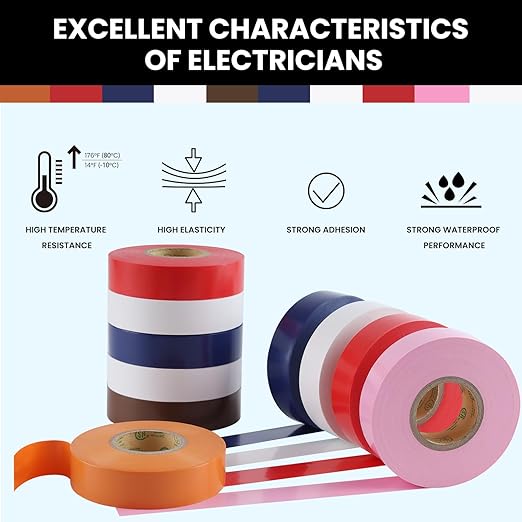 Lichamp 10-Pack Colored Electrical Tape Waterproof, 3/4 in x 66ft, Industrial Grade UL/CSA Listed High Temp Electrical Tape Colors Electric Super Vinyl, 1075C3