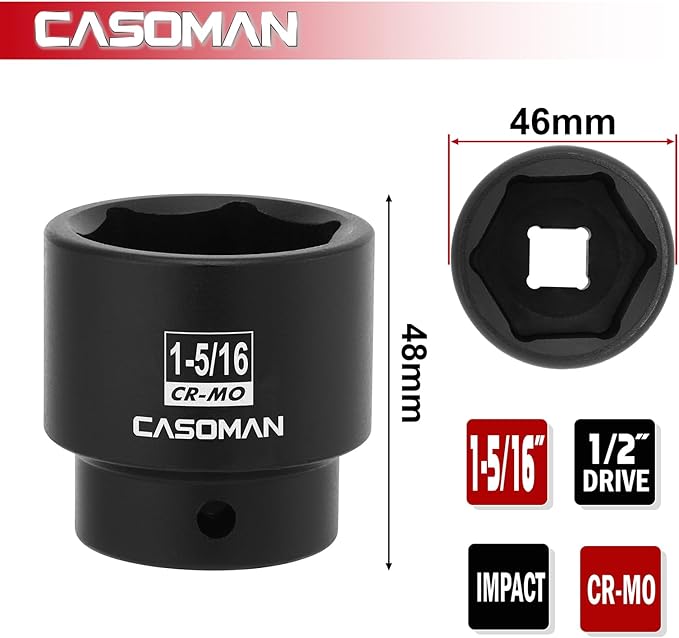 CASOMAN 1/2" Drive x 1-5/16" Impact Socket, 6-Point, SAE, CR-MO