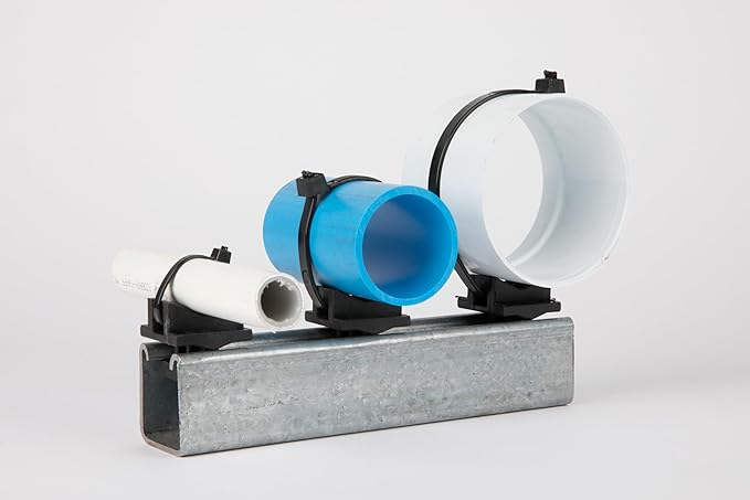 Strut Clamp for Piping and Conduit (10pcs & 100pcs), 3/8" to 5" Universal Size, Tool-Free Install, Made in USA, Non-Corrossive, Non-Conductive. (Uniclamp + Stainless Strap + HDPE Sleeve, 10)