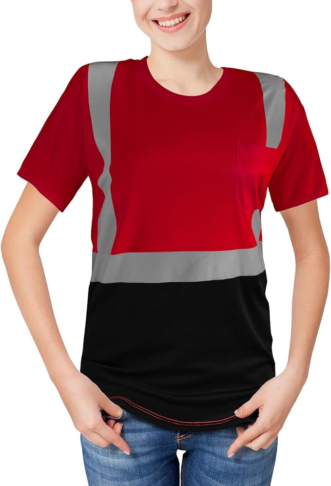 High Visibility Shirts Quick Dry Safety T Shirts with Reflective Strips and Pocket Short Sleeve Mesh Hi Vis Construction Work Class 2 Shirt for Men/Women Black Bottom Red,Small