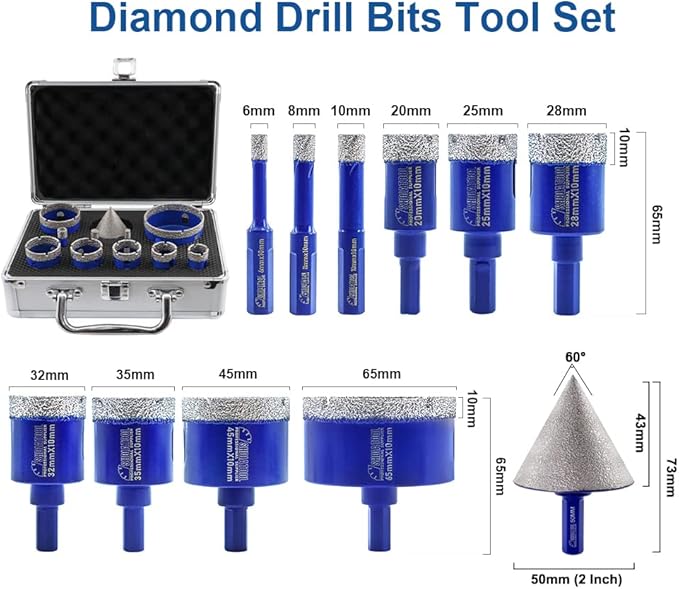 SHDIATOOL Diamond Drill Core Bits Set for Porcelain,Triangle Shank Hole Saw Cutter for Tile Marble Ceramic Granite 11pieces(6/8/10/20/25/28/32/35/45/65MM/2 inch)