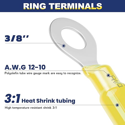 haisstronica 80PCS Heat Shrink Ring Terminals 3/8" Marine Grade Wire Connectors Yellow AWG 12-10 Gauge, Tinned Red Copper 1mm Resistant Ring Connectors, Brazed-Seam Insulated Electrical Crimp