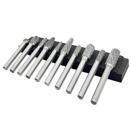 10Pcs Carbide Burr Set for Die Grinder Bits,1/4" Shank Double Cut Rotary Tool Bits | Metal, Wood, Plastic Working | Grinding, Engraving, Milling, Polishing | Durable Tungsten Carbide