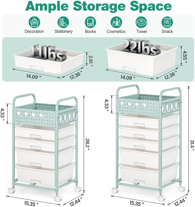 5 Drawer Rolling Storage Cart - Image 2
