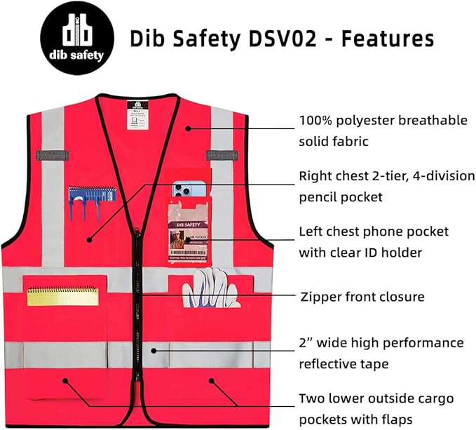 Dib Safety Reflective Vest High Visibility with Pockets and Zipper, Pink 2XL