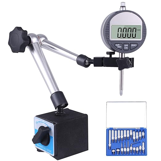 Electronic Digital Dial Indicator with Magnetic Base Holder Fine Adjustable Long Arm 0-1" / 25.4mm Inch/Metric Conversion Professional Gauge 0.01mm/0.001"